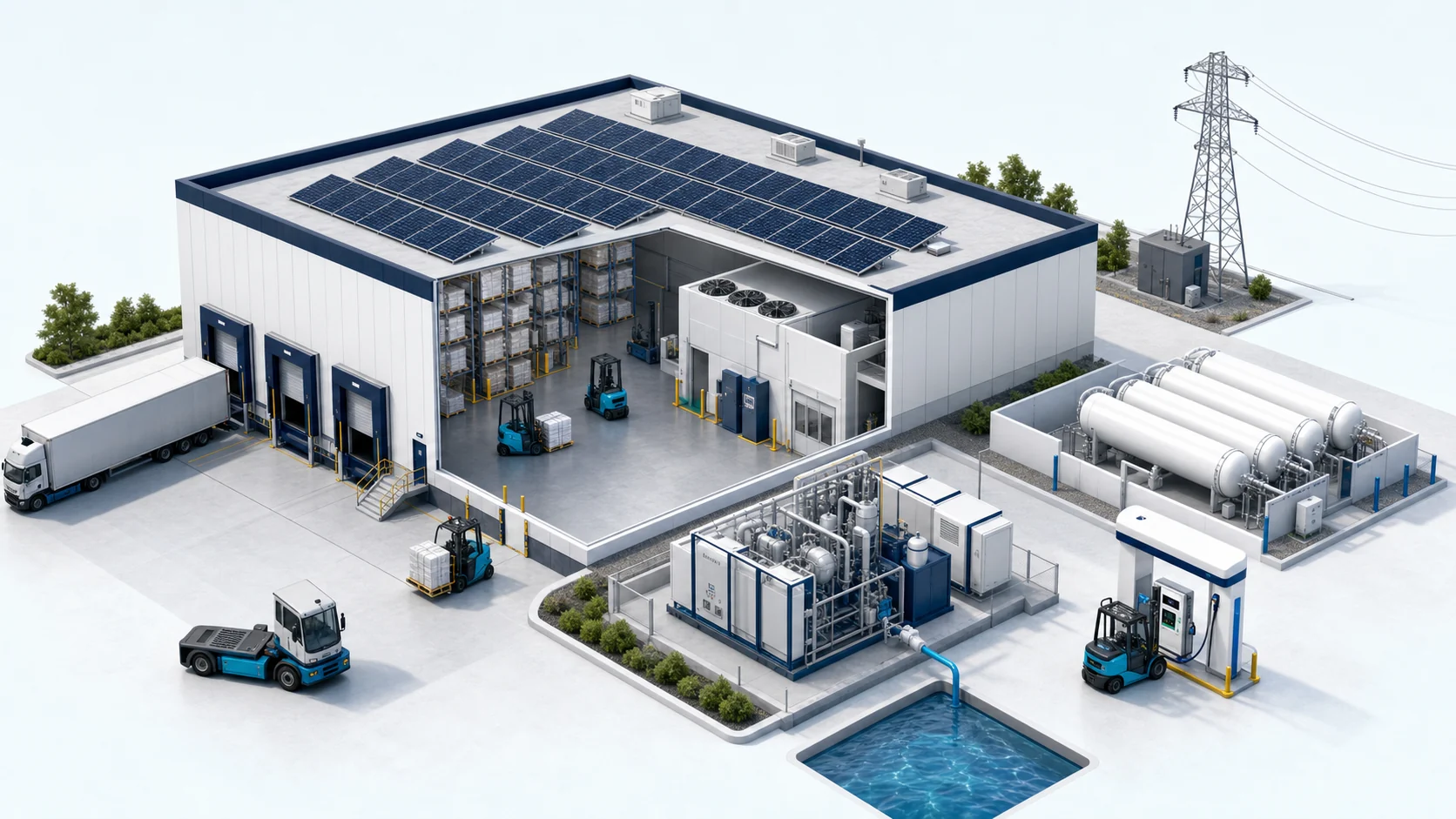 Illustrated warehouse microgrid with rooftop solar, hydrogen production and storage, a fueling dispenser, forklifts, and a yard tractor.